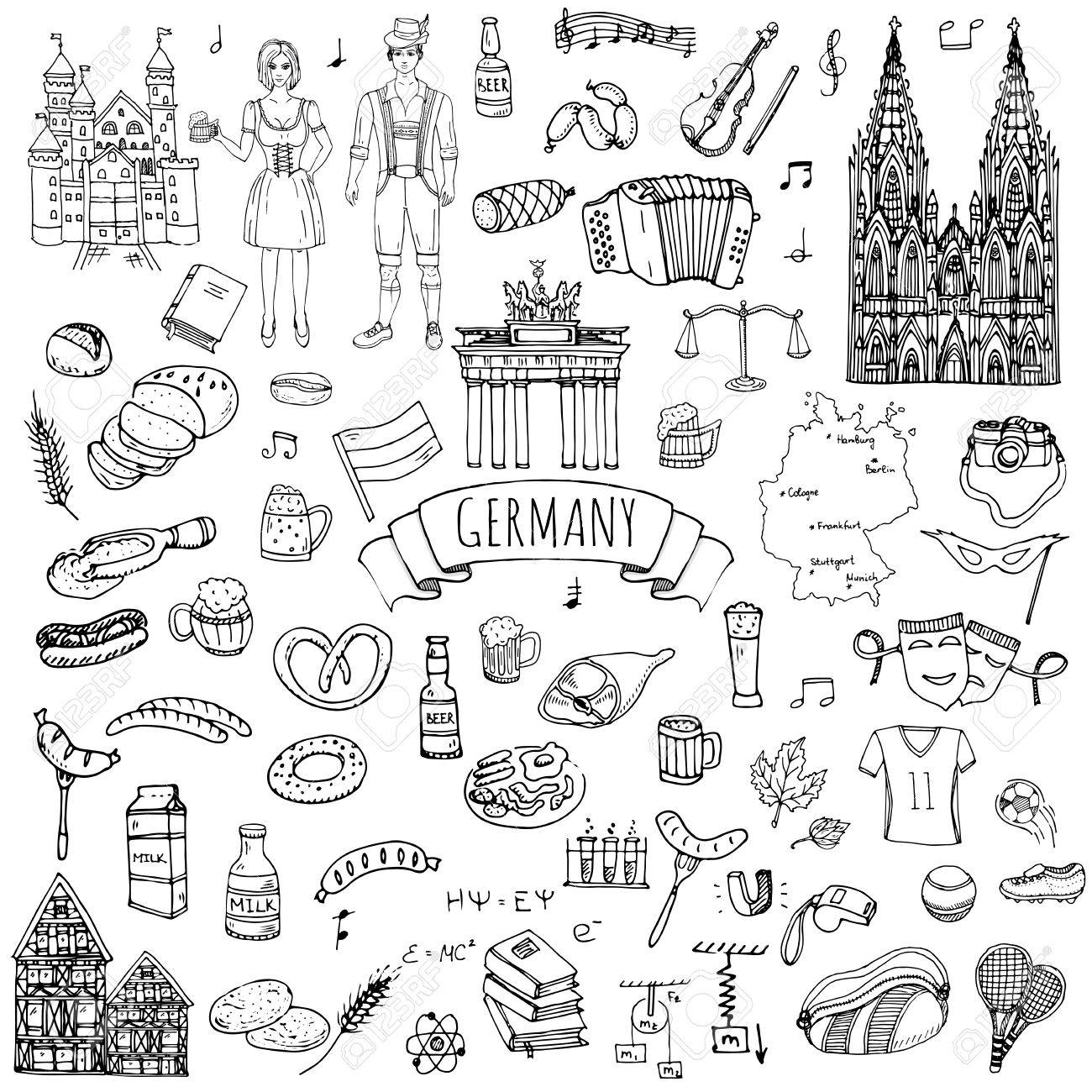 ドイツのアイコンの手描き落書きセット ベクトル図を設定します 漫画ドイツのランドマーク 大ざっぱなヨーロッパ旅行要素コレクション ソーセージ ビール 小麦パン サッカー テニス クラシック音楽 城のイラスト素材 ベクタ Image