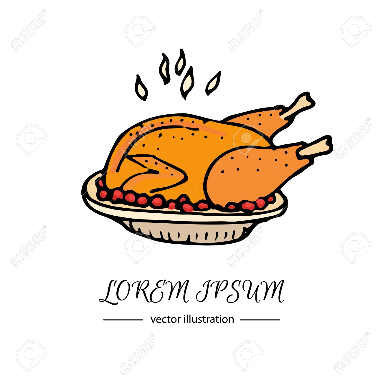 手描き落書きの感謝祭の七面鳥の丸焼きアイコン ベクトル イラスト秋の休日シンボル コレクション 漫画の祭典要素 フライド チキンのプレート クランベリー ソースに熱い焼きたてのトルコ のイラスト素材 ベクタ Image