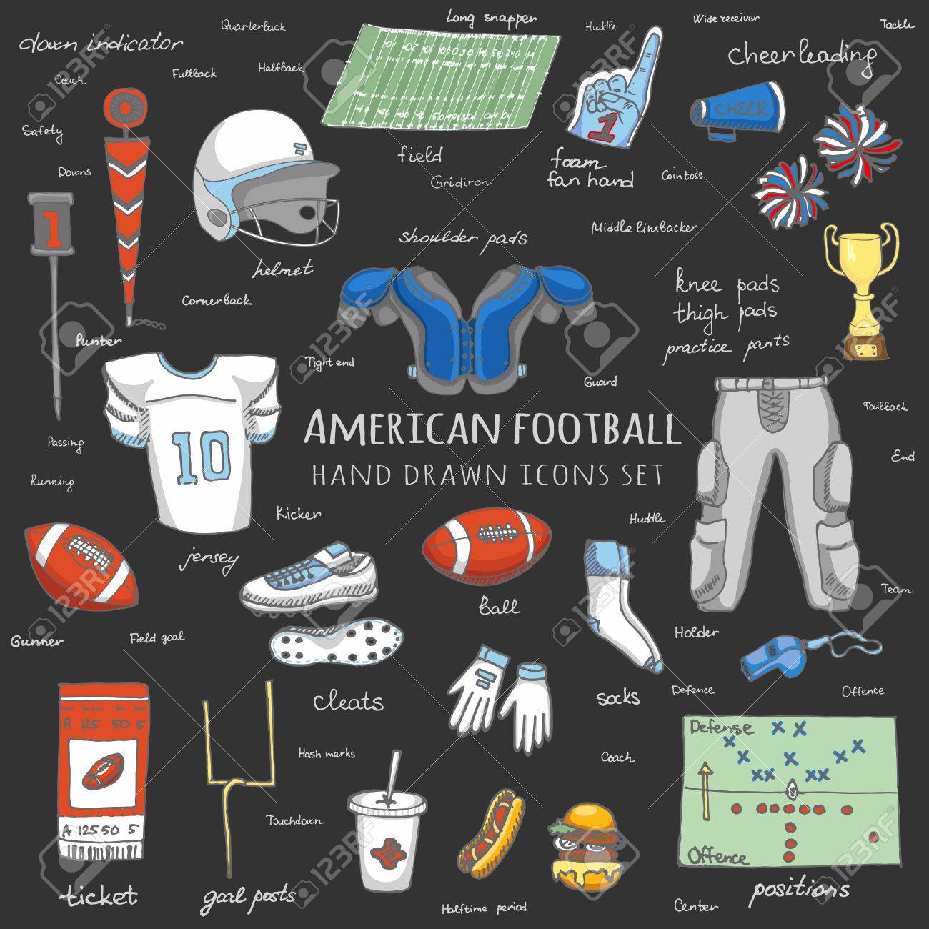 手描き落書きアメリカン フットボール セット ベクトル イラスト スケッチ関連アイコン サッカー要素のスポーツは ボールを膝太もも肩パッド クリート フィールド インジケーターをチアリーディング ヘルメット ジャージ パンツのイラスト素材 ベクタ Image