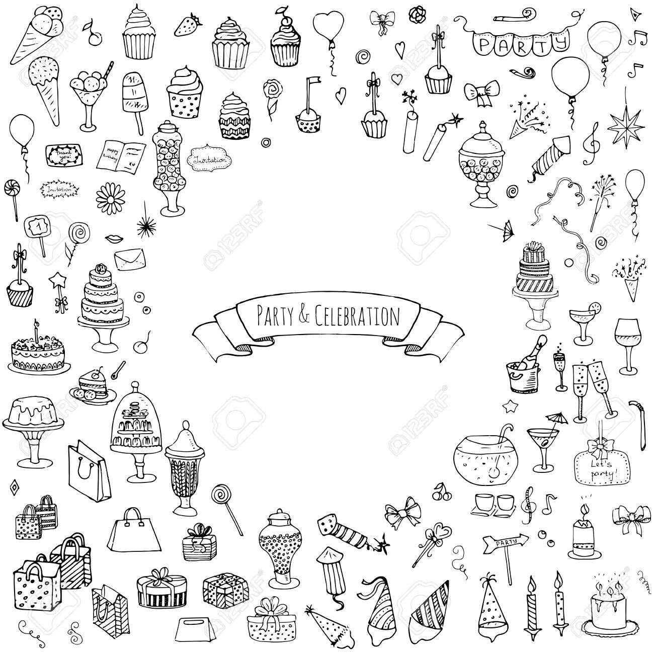 手描き落書きパーティーとお祝いアイコン セット ベクトル イラスト スケッチ パーティー コンセプト幸せな誕生日パーティー要素カーニバルお祭りアイコン プレゼント 帽子 ケーキ 弓 ドリンク 花火 お菓子 フラグのイラスト素材 ベクタ Image 67785196