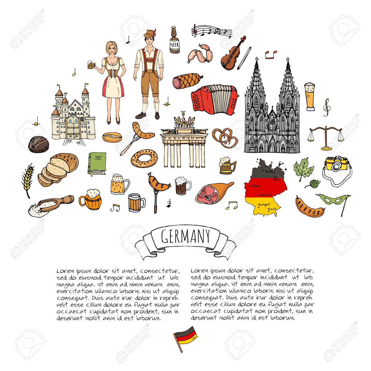ドイツのアイコンの手描き落書きセット ベクトル図を設定します 漫画ドイツのランドマーク 大ざっぱなヨーロッパ旅行要素コレクション ソーセージ ビール 小麦パン サッカー テニス クラシック音楽 城のイラスト素材 ベクタ Image