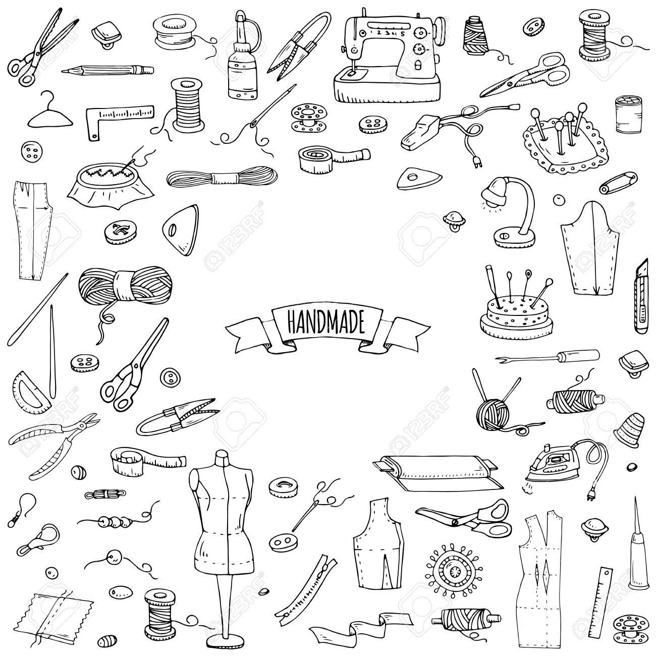手描き落書きの手作りアイコンを設定します ベクトルの図 ミシン コレクション 漫画のハンドメイド各種スケッチ要素 刺繍 ジュエリー作り ボタン 針 はさみ スプール ピン 編み物のイラスト素材 ベクタ Image