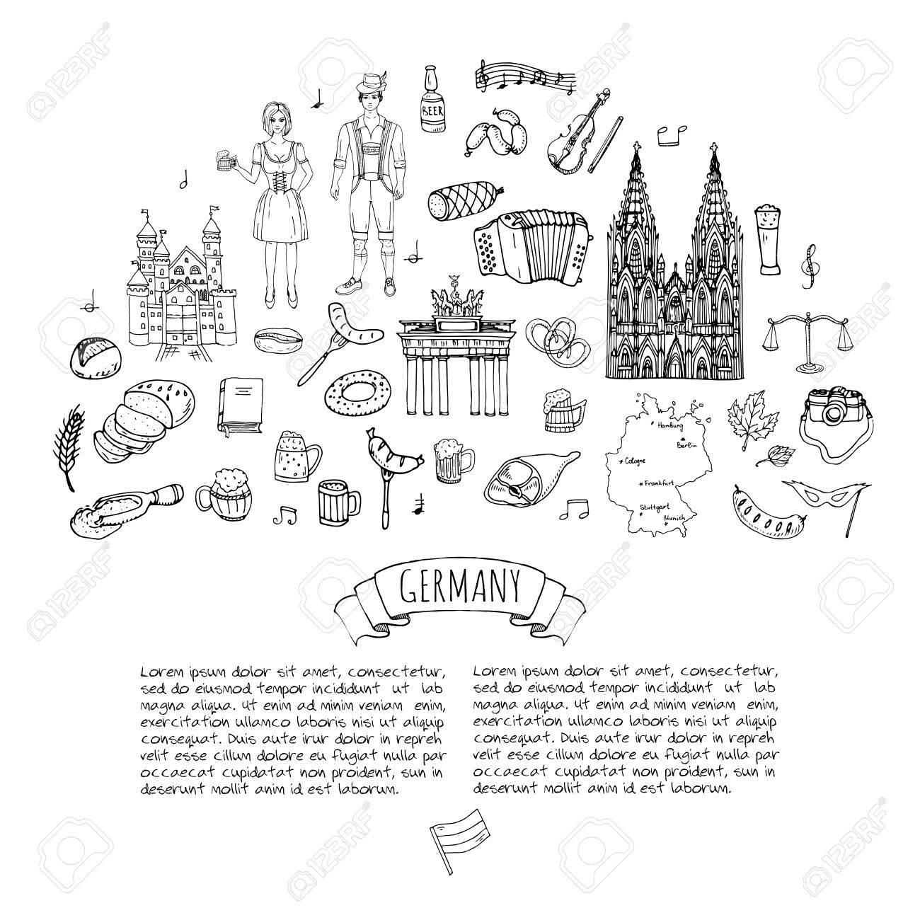 ドイツのアイコンの手描き落書きセット ベクトル図を設定します 漫画ドイツのランドマーク 大ざっぱなヨーロッパ旅行要素コレクション ソーセージ ビール 小麦パン サッカー テニス クラシック音楽 城のイラスト素材 ベクタ Image