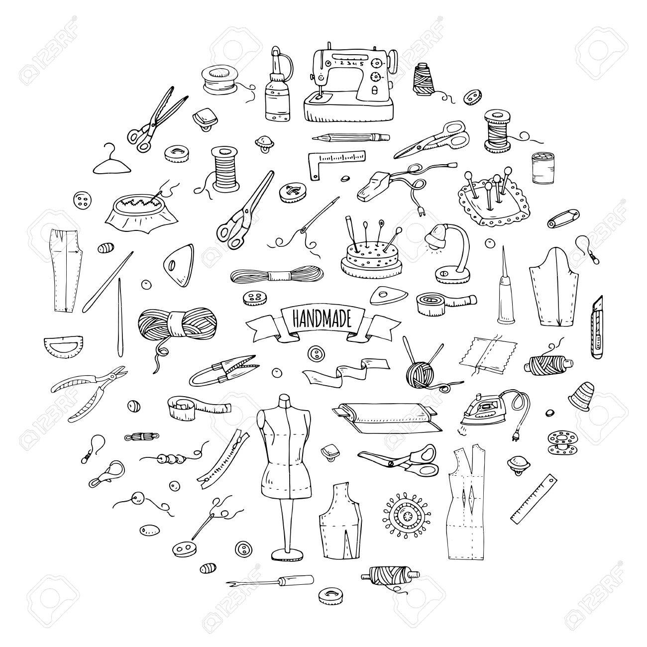 手描き落書きの手作りアイコンを設定します ベクトルの図 ミシン コレクション 漫画のハンドメイド各種スケッチ要素 刺繍 ジュエリー作り ボタン 針 はさみ スプール ピン 編み物のイラスト素材 ベクタ Image