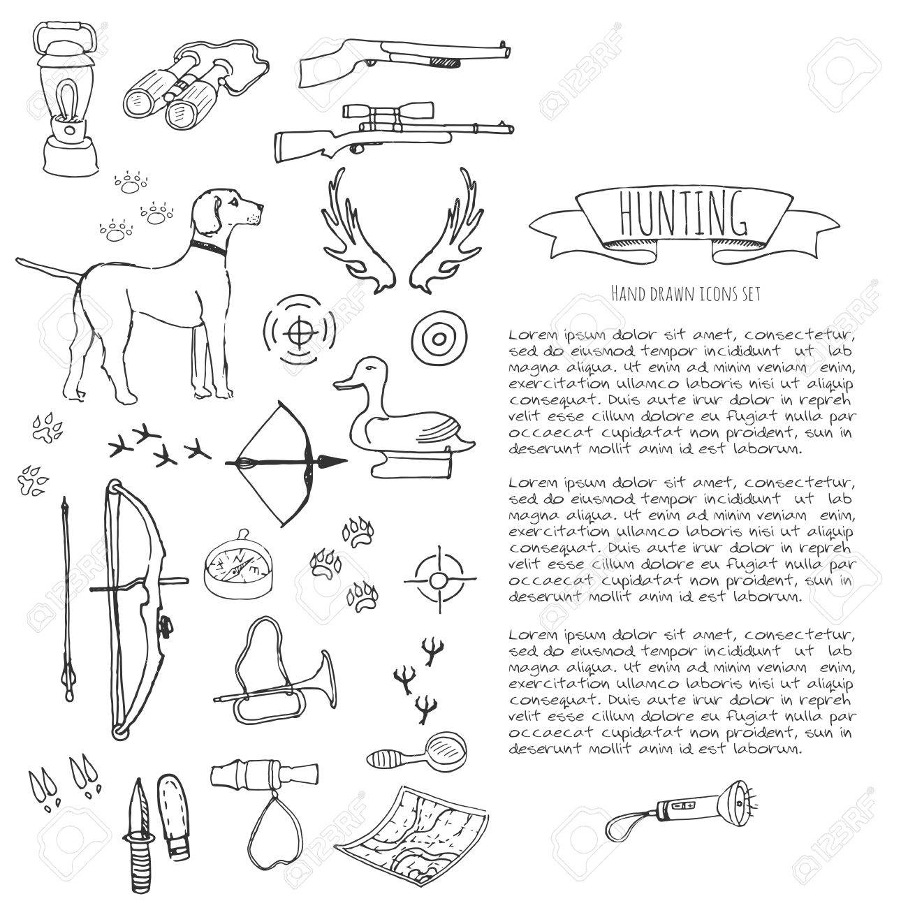 手描き落書き狩猟セット ベクトルの図 大ざっぱなハント関連アイコン ハンティングの要素 狩猟犬 銃 クロスボウ 狩猟摩耗布 ブーツ プラスチックのカモ 双眼鏡のイラスト素材 ベクタ Image 67785537