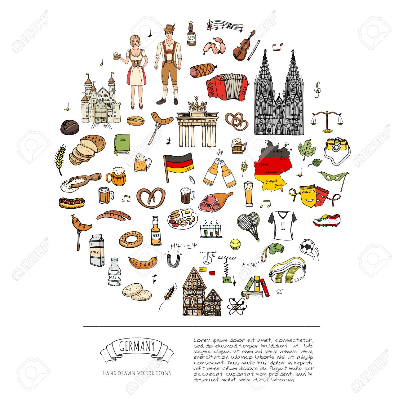 ドイツのアイコンの手描き落書きセット ベクトル図を設定します 漫画ドイツのランドマーク 大ざっぱなヨーロッパ旅行要素コレクション ソーセージ ビール 小麦パン サッカー テニス クラシック音楽 城のイラスト素材 ベクタ Image