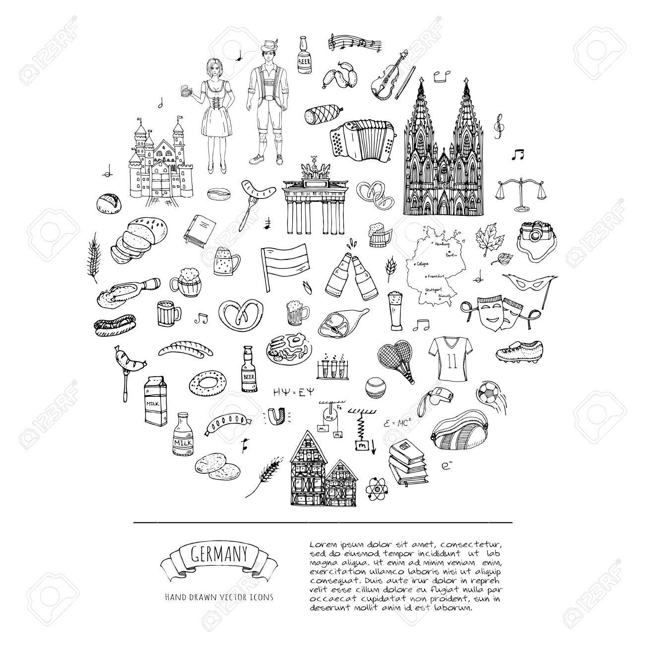 ドイツのアイコンの手描き落書きセット ベクトル図を設定します 漫画ドイツのランドマーク 大ざっぱなヨーロッパ旅行要素コレクション ソーセージ ビール 小麦パン サッカー テニス クラシック音楽 城のイラスト素材 ベクタ Image