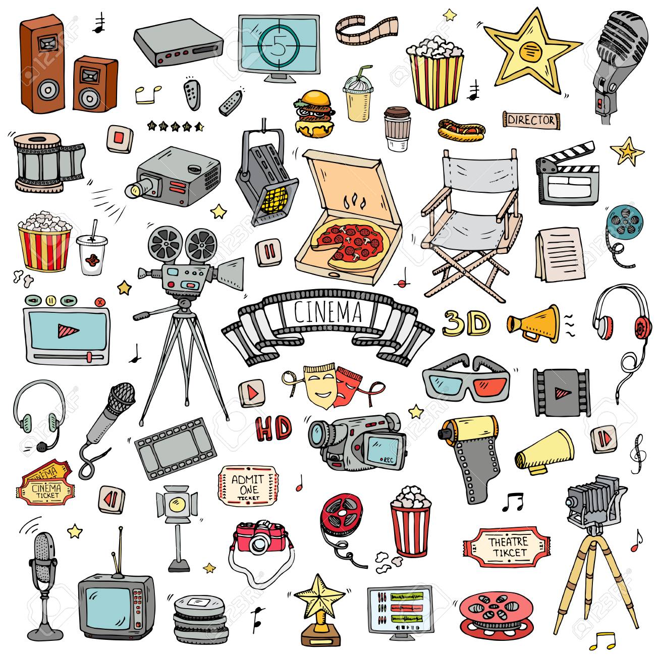 手描き落書き映画セット ベクトルの図 映画のアイコンを作るします 映画の記号のコレクション 撮影フリーハンド要素 カメラ フィルム テープ 写真カメラ ピザ ポップコーン プロジェクター マイクのイラスト素材 ベクタ Image