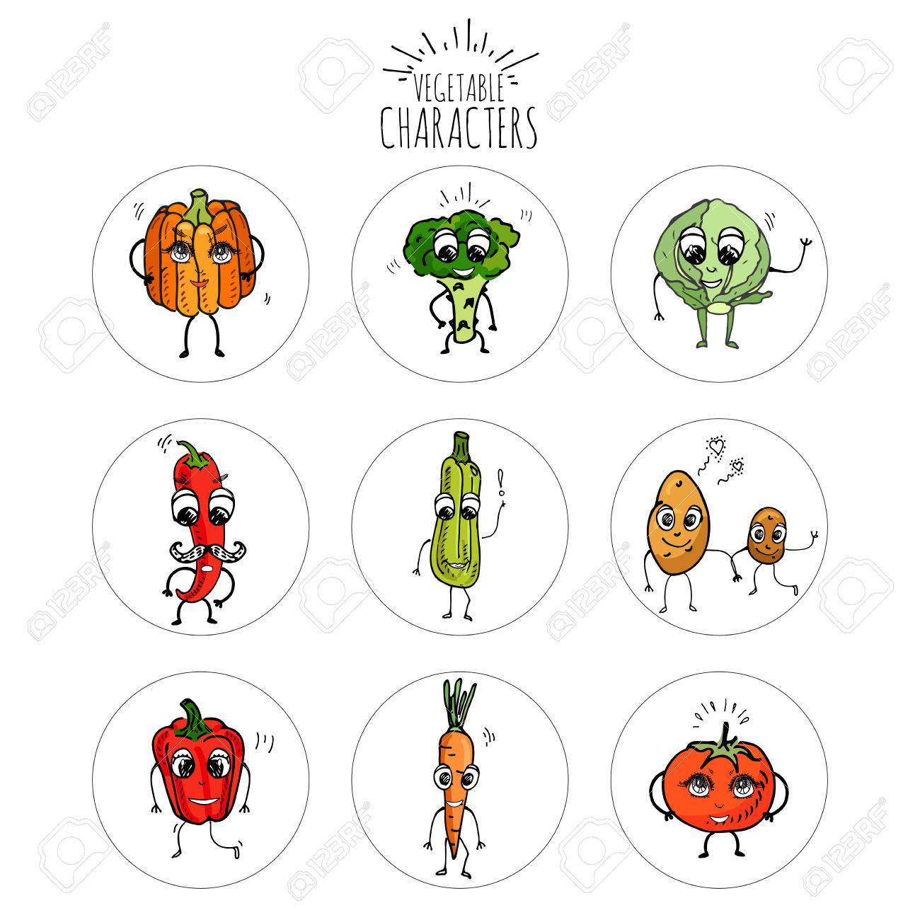 手描き落書き絵文字野菜文字アイコン セット ベクトル イラスト漫画シンボル コレクション各種野菜笑顔顔感情かぼちゃジャガイモ トマト ブロッコリー胡椒スカッシュ のイラスト素材 ベクタ Image