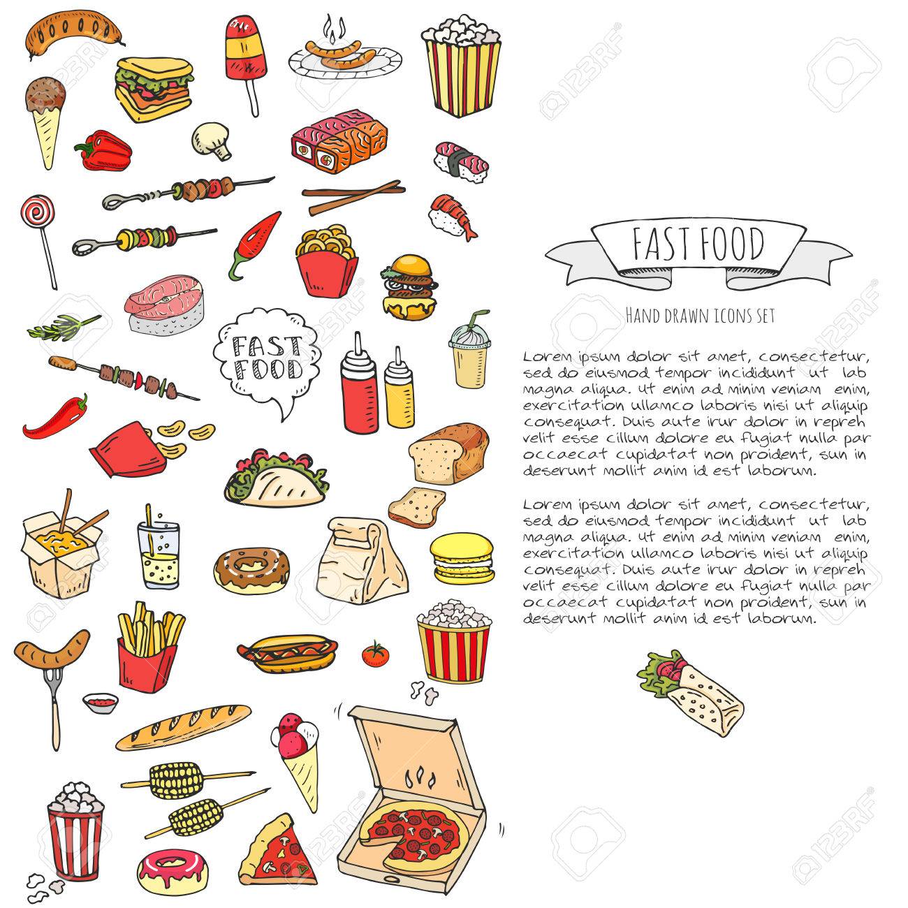 Conjunto De La Mano Del Doodle Dibujado Iconos De Comida Rapida