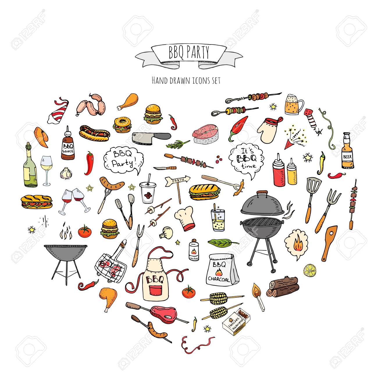 手描き落書きバーベキュー パーティー アイコン セット ベクトル図夏バーベキュー シンボルのコレクション漫画の様々 な食事 ドリンク 食材 白背景スケッチ上の装飾要素のイラスト素材 ベクタ Image