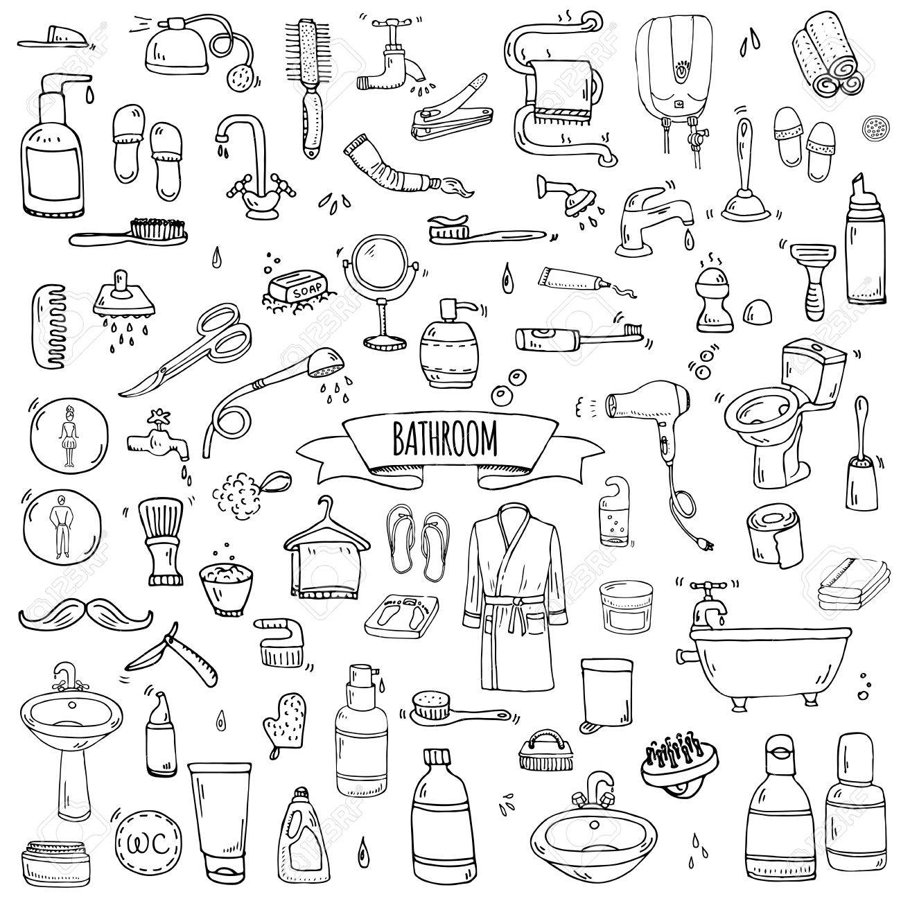 hand drawn doodle bathroom related icons set vector illustration