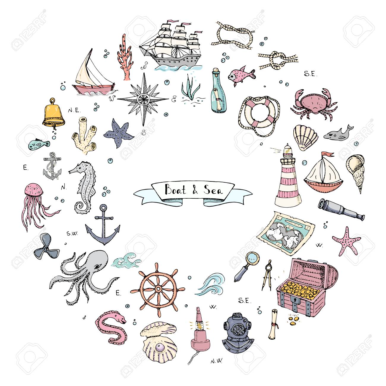 手描き落書きボートと海を設定します ベクトルの図 アイコン海生活概念要素 シンボル コレクション海洋人生航海設計水中生活水動物海マップ スパイグラス拡大鏡を出荷します のイラスト素材 ベクタ Image