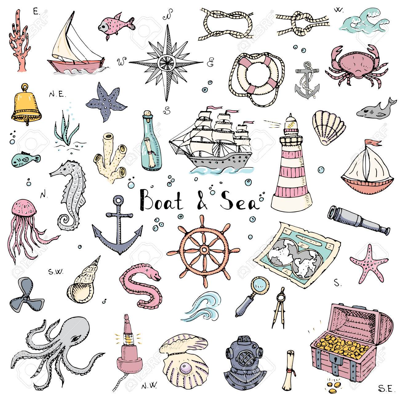 手描き落書きボートと海を設定します ベクトルの図 アイコン海生活概念要素 シンボル コレクション海洋人生航海設計水中生活水動物海マップ スパイグラス拡大鏡を出荷します のイラスト素材 ベクタ Image
