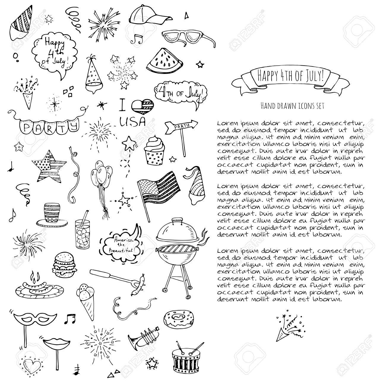 手描き落書きハッピー アイコン設定ベクトル図米国独立記念日の記号のコレクション漫画スケッチの祭典要素 7 月 4 日 バーベキュー 食品 ドリンク パーティー ロケット 花火 アメリカの国旗のイラスト素材 ベクタ Image