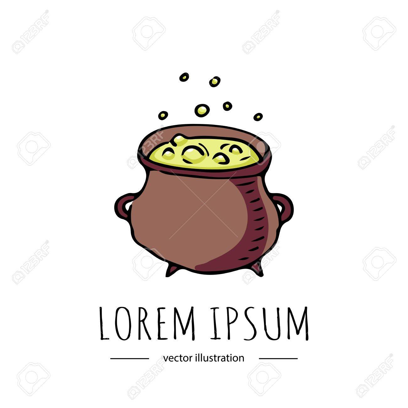 手描き落書きハッピーハロウィン関連アイコン 緑ポーションを沸騰した鍋 ベクトルの図 白い背景上に分離 休日の記号です 漫画のスケッチ要素 魔女の泡と毒 のイラスト素材 ベクタ Image