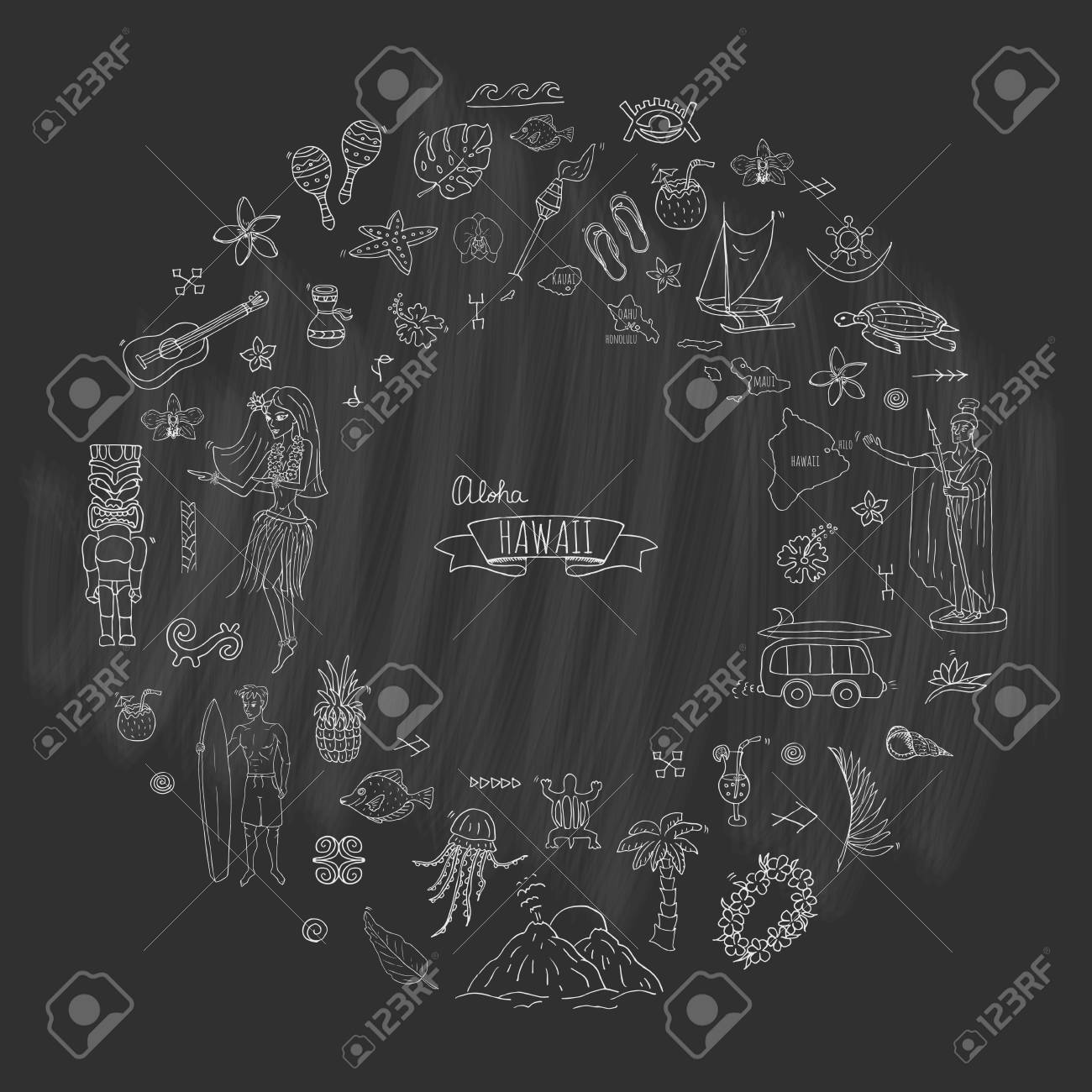 手描き落書きハワイ アイコン セット ハワイアン シンボルのベクター イラスト分離されたシンボル コレクション漫画要素 アメリカ州地図ホノルル状態フラ 女の子サーフィン男火山ギター パラダイス アートのイラスト素材 ベクタ Image 0428
