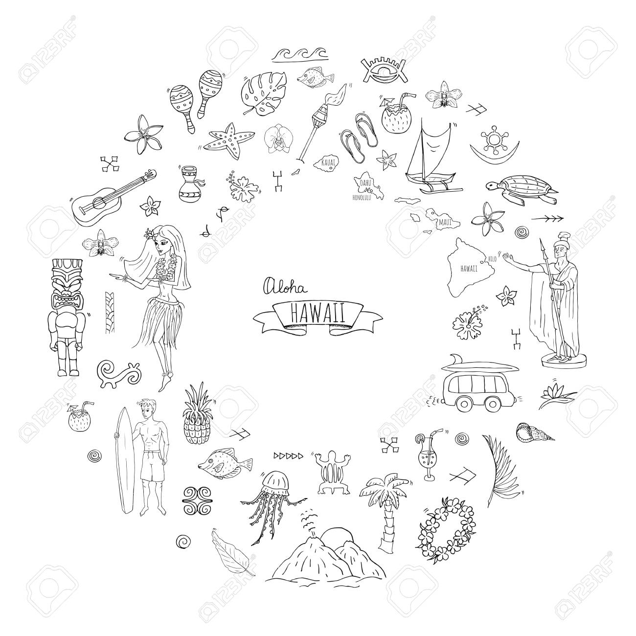 手描き落書きハワイ アイコン セット ハワイアン シンボルのベクター イラスト分離されたシンボル コレクション漫画要素 アメリカ州地図ホノルル状態フラ女の子サーフィン男火山ギター パラダイス アート のイラスト素材 ベクタ Image 0473