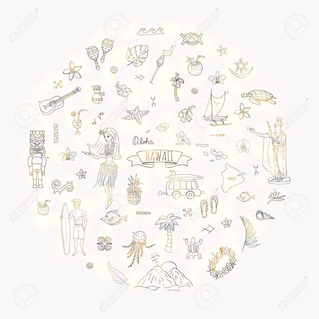 手描き落書きハワイ アイコン セット ハワイアン シンボルのベクター イラスト分離されたシンボル コレクション漫画要素 アメリカ州地図ホノルル状態フラ女の子サーフィン男火山ギター パラダイス アート のイラスト素材 ベクタ Image 0709