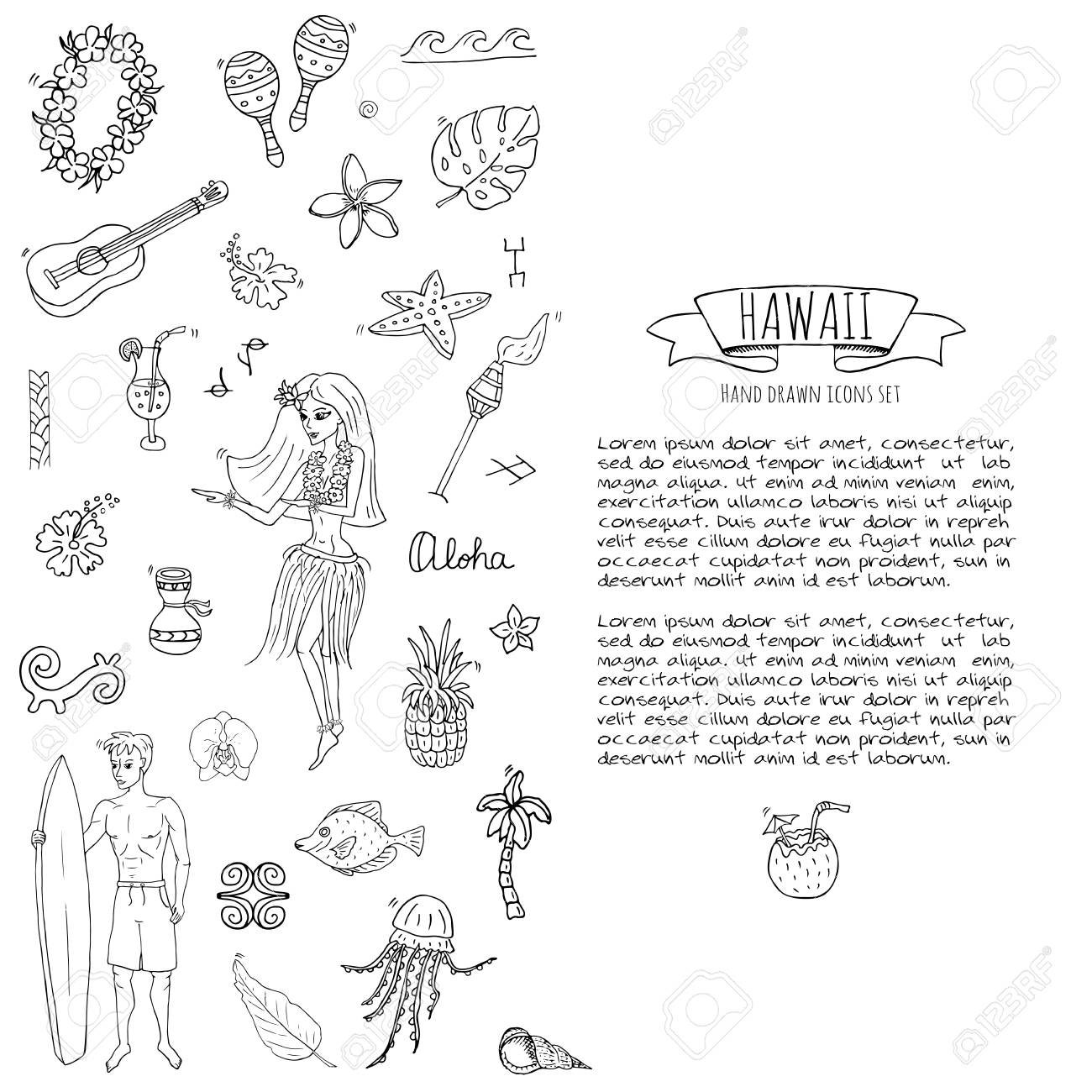 手描き落書きハワイ アイコン セット ハワイアン シンボルのベクター イラスト分離されたシンボル コレクション漫画要素 アメリカ州地図ホノルル状態フラ女の子サーフィン男火山ギター パラダイス アート のイラスト素材 ベクタ Image