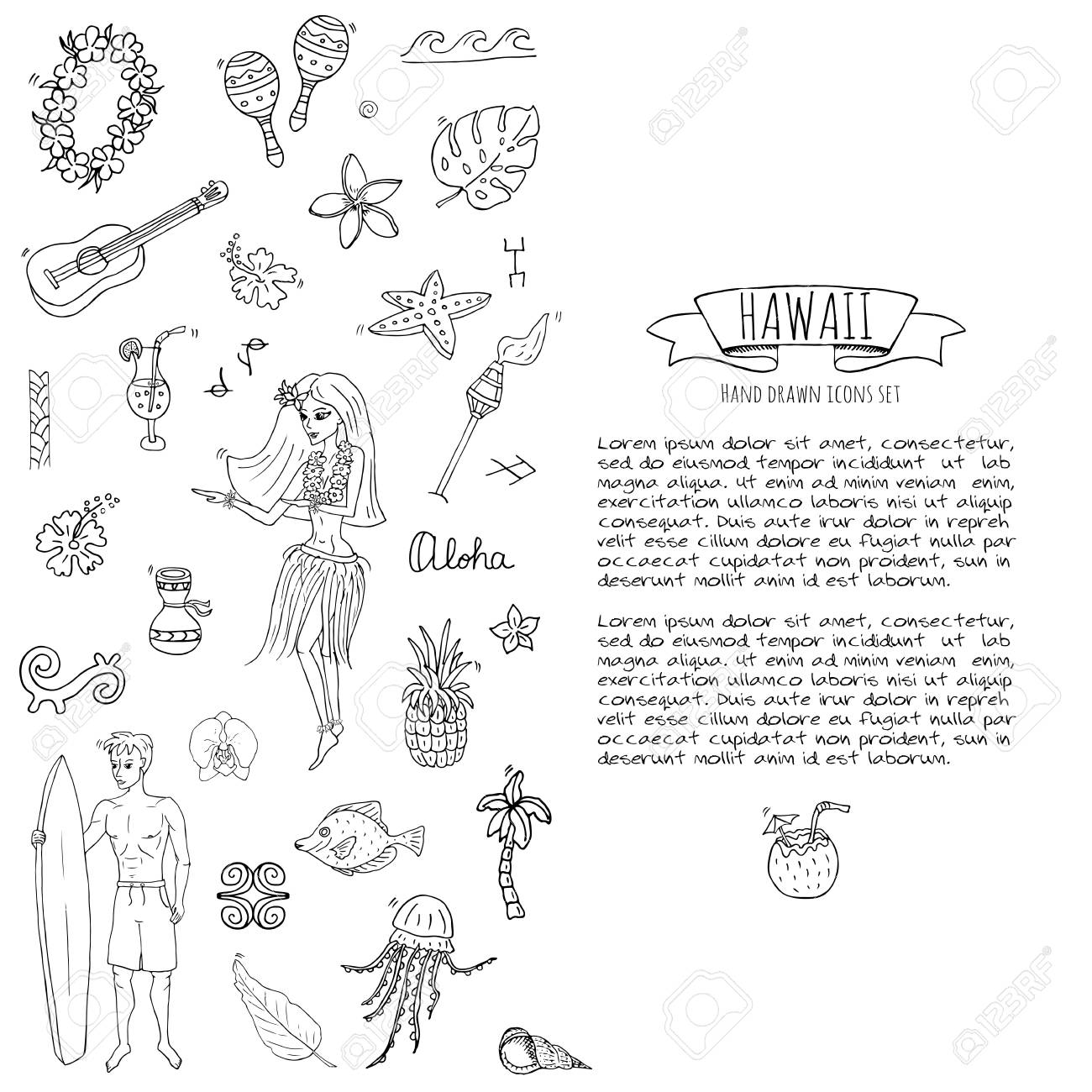 手描き落書きハワイ アイコン セット ハワイアン シンボルのベクター イラスト分離されたシンボル コレクション漫画要素 アメリカ州地図ホノルル状態フラ女の子サーフィン男火山ギター パラダイス アートのイラスト素材 ベクタ Image