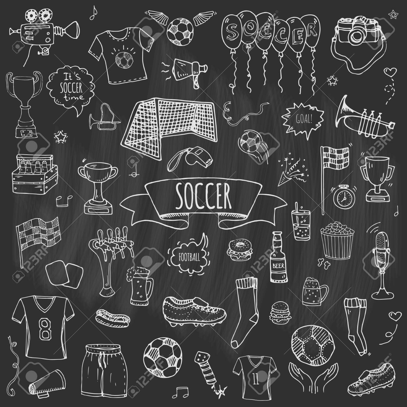 手描きの落書きサッカーセットベクトルイラスト スケッチスポーツ伝統的なアイコン 漫画の典型的なサッカー要素コレクションサッカー ボール クリート ゴール トロフィー ホイッスル 手袋 ブーツ隔離 のイラスト素材 ベクタ Image 手描きの落書きサッカーセットベクトルイラスト スケッチスポーツ伝統的なアイコン 漫画の典型的なサッカー要素コレクションサッカー ボール クリート ゴール トロフィー ホイッスル 手袋 ブーツ隔離 のイラスト素材 ベクタ Image