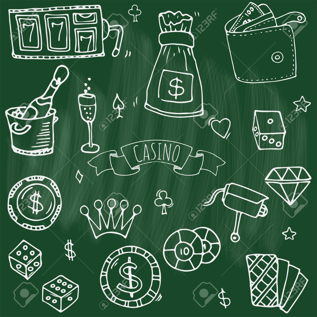 カジノアイコンベクトルイラストセットの手描き落書きセット。スケッチゲーム要素コレクション:ベット、ジャックポット、カード、チップ、コイン、ダーツ、ルーレット、ポーカー、お金、スロット。のイラスト素材・ベクター  Image 96612418
