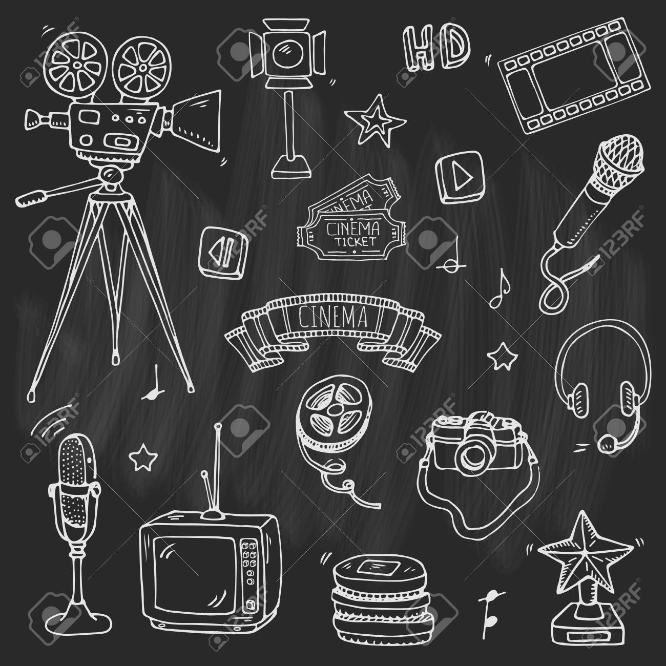 手描きの落書きシネマセットベクトルイラスト 映画製作アイコンフィルムシンボルコレクション 撮影フリーハンド要素カメラ フィルム テープ フォトカメラ ピザ ポップコーン プロジェクター マイク のイラスト素材 ベクタ Image