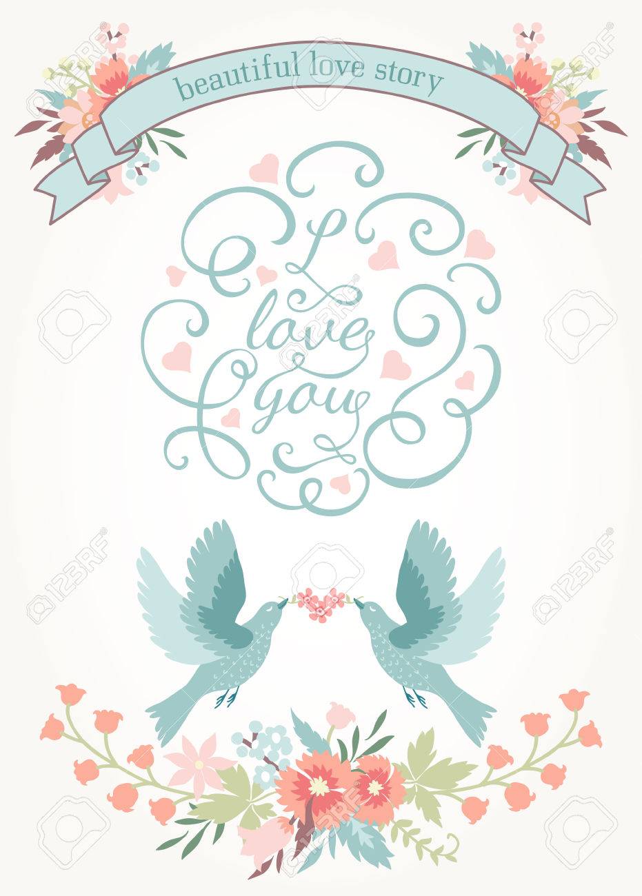 Cute Wedding Invitation With Flowers Love Birds And Ribbon Royalty Free Cliparts Vectors And Stock Illustration Image
