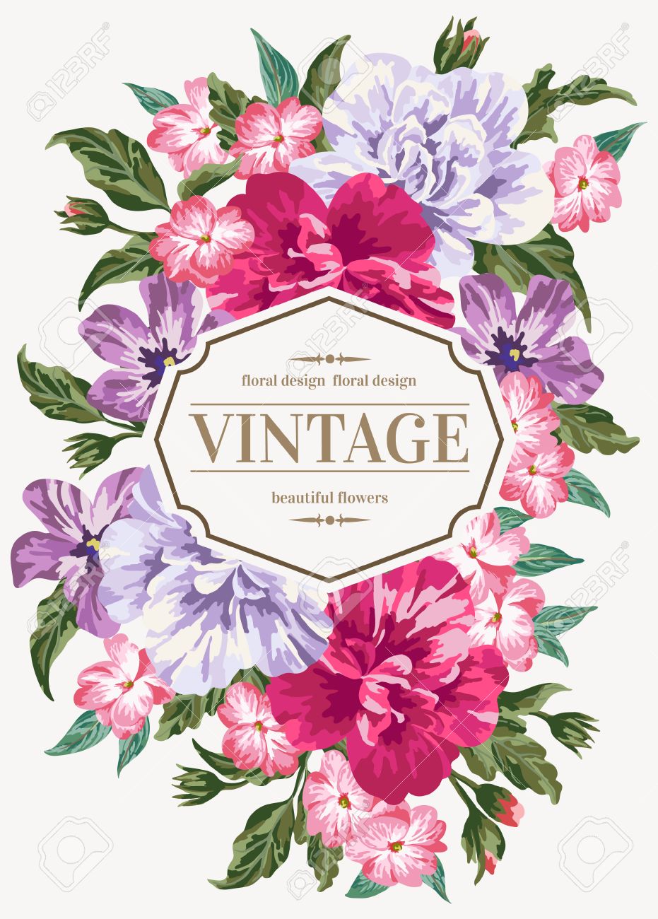 Vintage wedding invitation with colorful flowers. Vector illustration.
