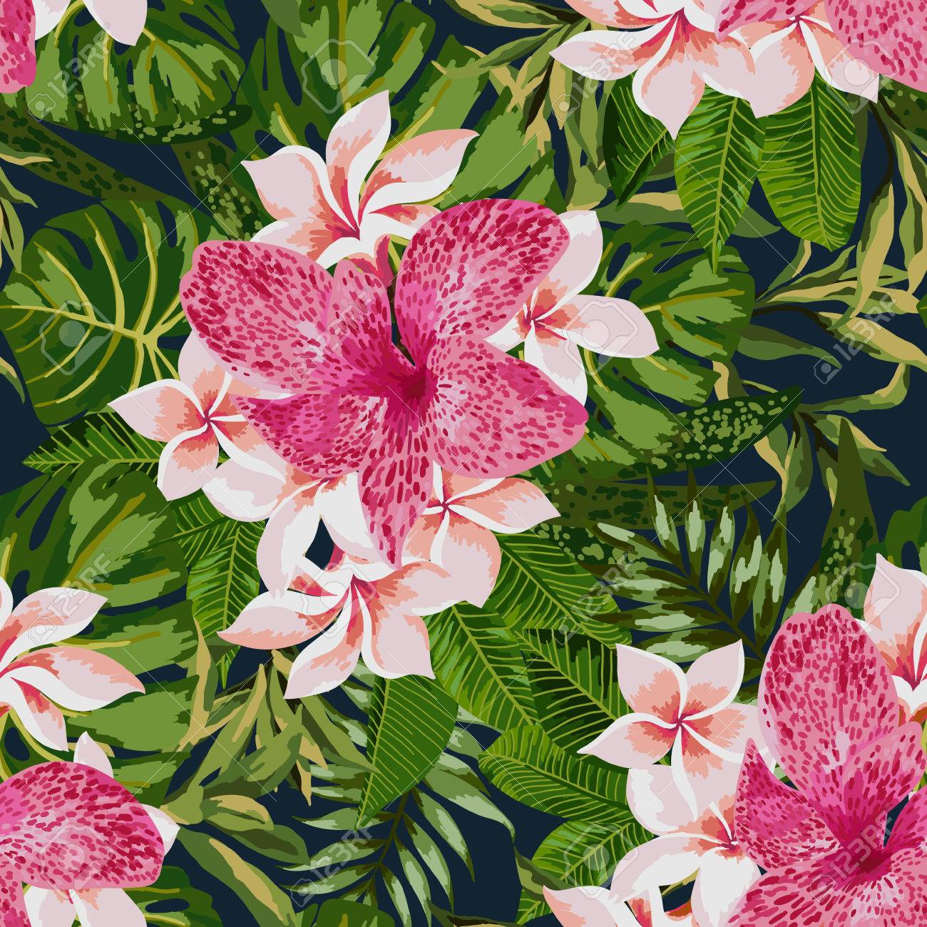 熱帯の葉と花のシームレスなエキゾチックなパターン 開花のジャングル ベクトルの図 のイラスト素材 ベクタ Image