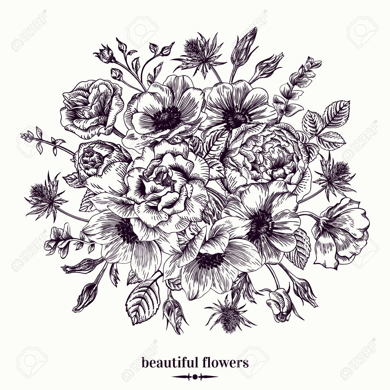 白地に花の花束を持つヴィンテージのカード アネモネ バラ トルコギキョウ エリンジウム ベクトルの図 のイラスト素材 ベクタ Image