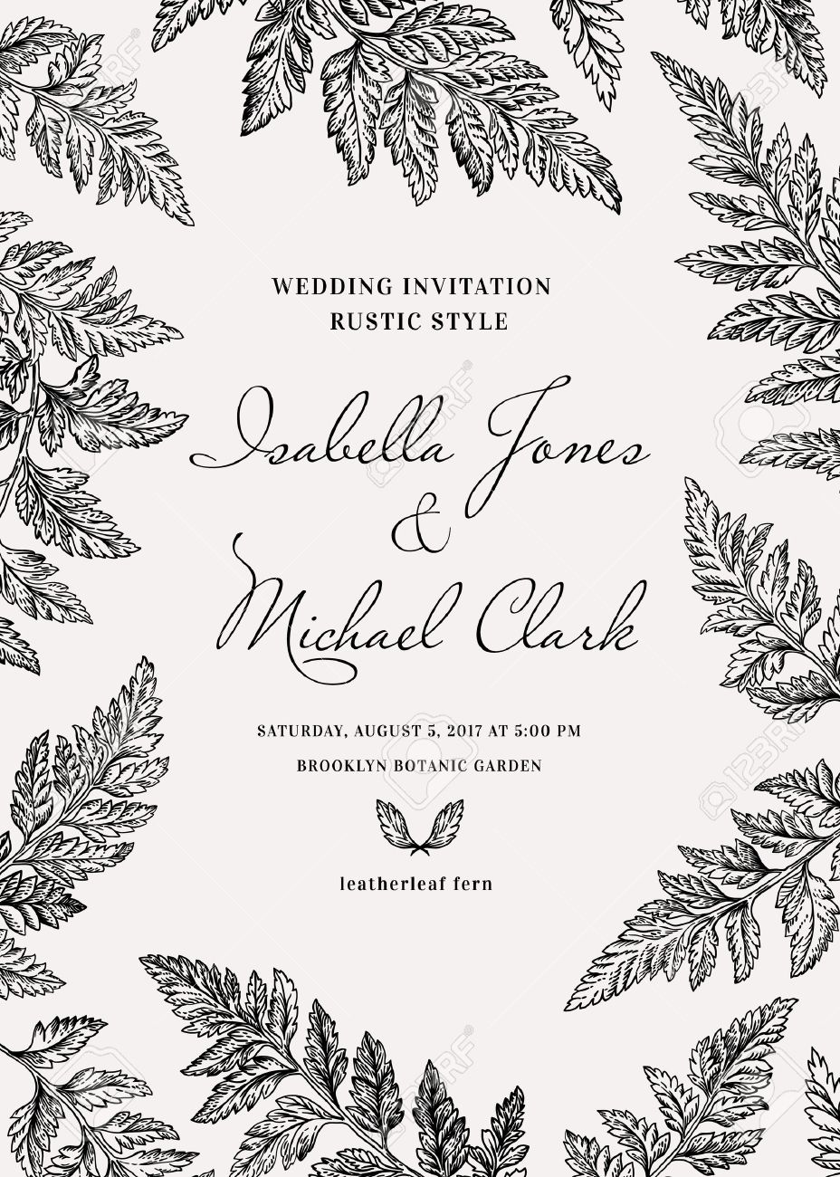 Vintage Wedding Invitation In A Rustic Style Leatherleaf Fern Botanical Vector Illustration Black Vintage Wedding Invitation In A Rustic Style Leatherleaf Fern Botanical Vector Illustration Black