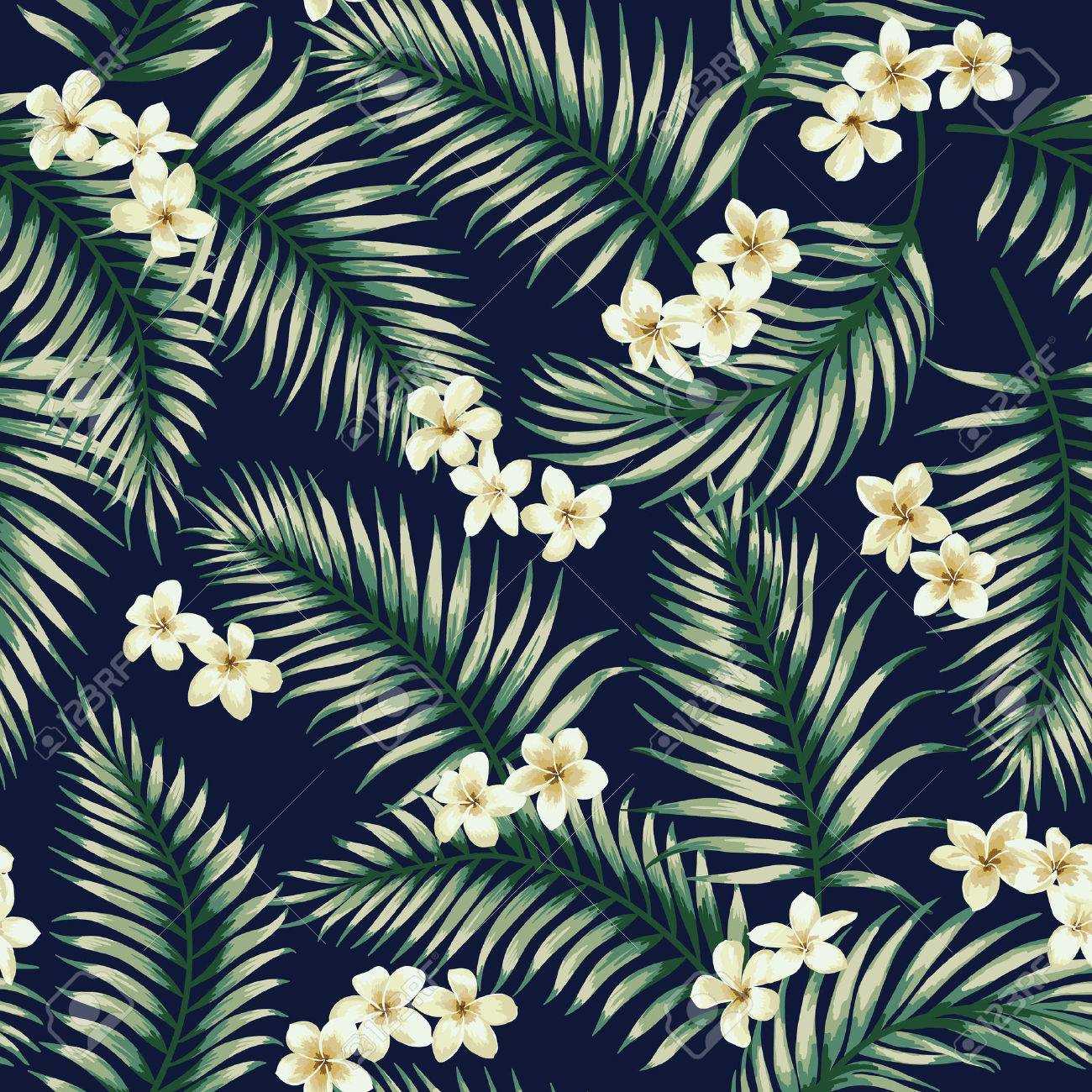 Seamless exotic pattern with tropical leaves and flowers. Vector illustration. - 56800092 Seamless exotic pattern with tropical leaves and flowers. Vector illustration. - 56800092