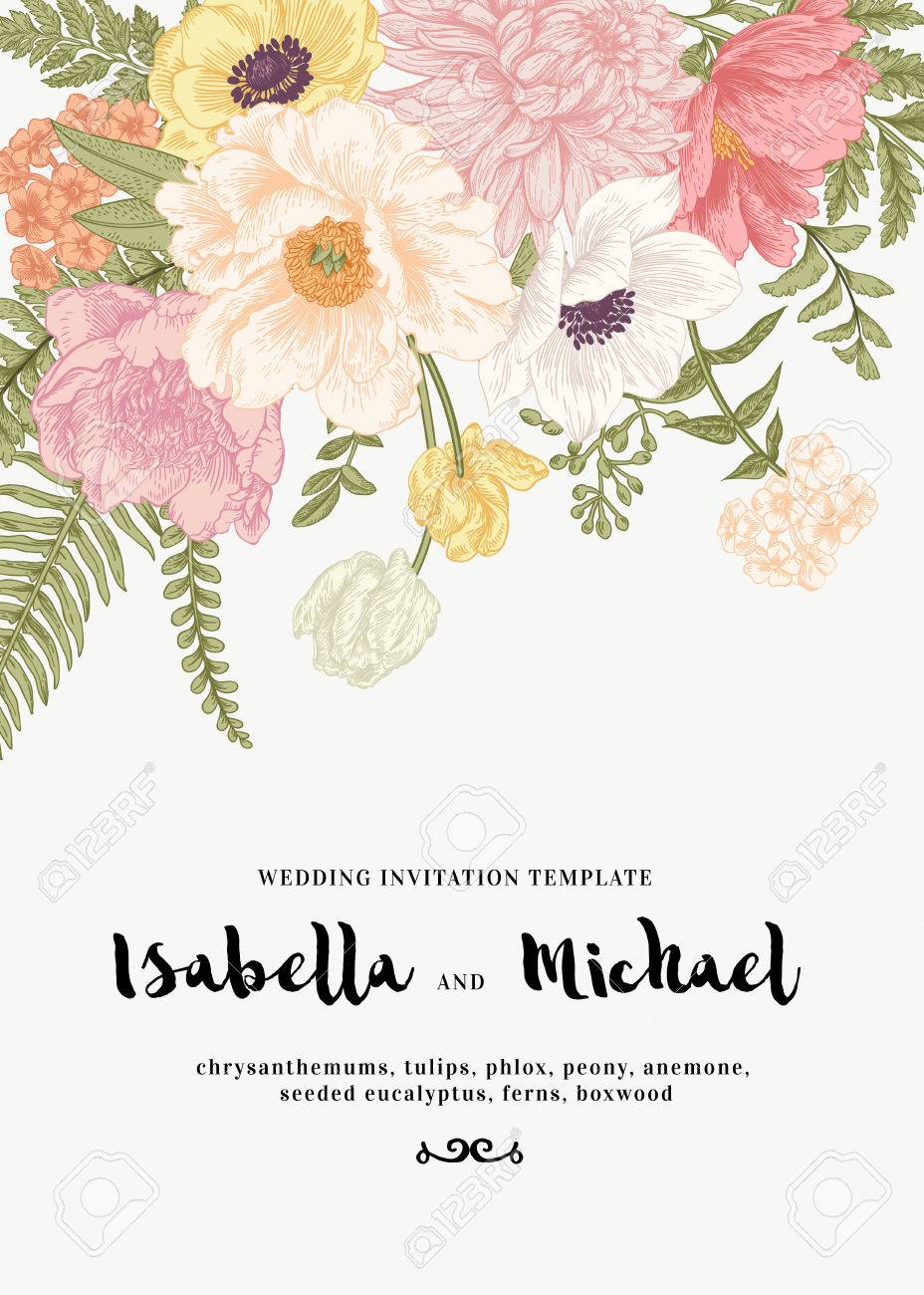 Elegant wedding invitation with summer flowers in vintage style. Chrysanthemums, tulips, phlox, peony, anemone, ferns. Pastel colors. - 63418914 Elegant wedding invitation with summer flowers in vintage style. Chrysanthemums, tulips, phlox, peony, anemone, ferns. Pastel colors. - 63418914