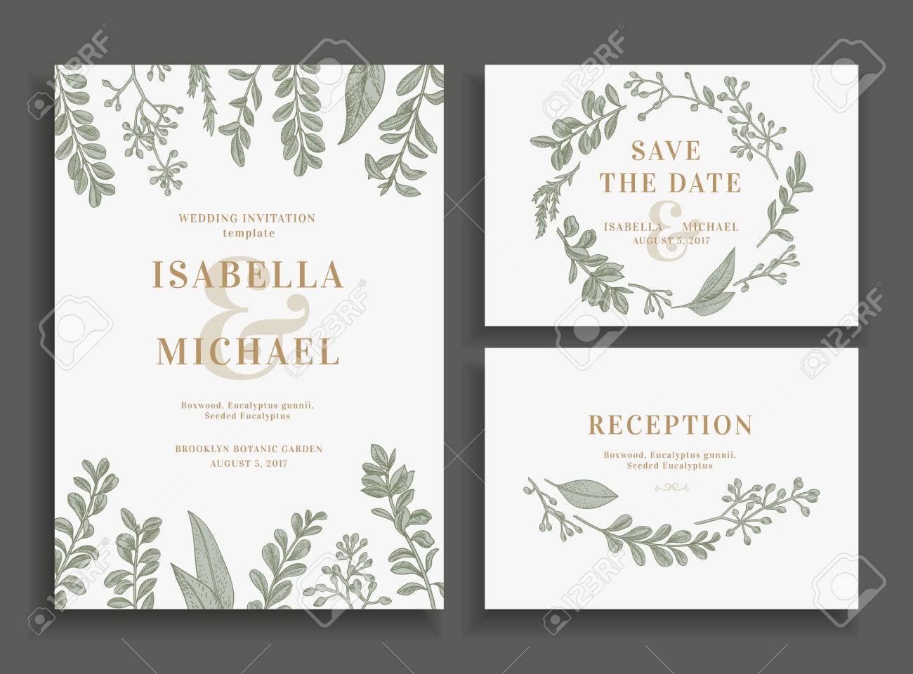 Vintage wedding set with greenery. Wedding invitation, save the date, reception card. - 63418912 Vintage wedding set with greenery. Wedding invitation, save the date, reception card. - 63418912