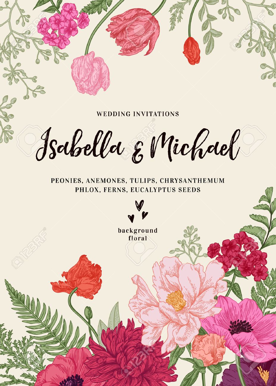 vintage wedding invitation summer garden flowers peonies anemones tulip wedding invitations