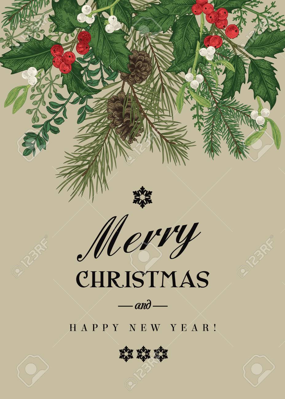 Carte De Voeux De Noel Dans Le Style Vintage Fond D Hiver Invitation De Vecteur Avec Des Branches De Pin Des Baies Du Houx Du Gui De L Epinette Illustration Botanique Kraft Clip Art