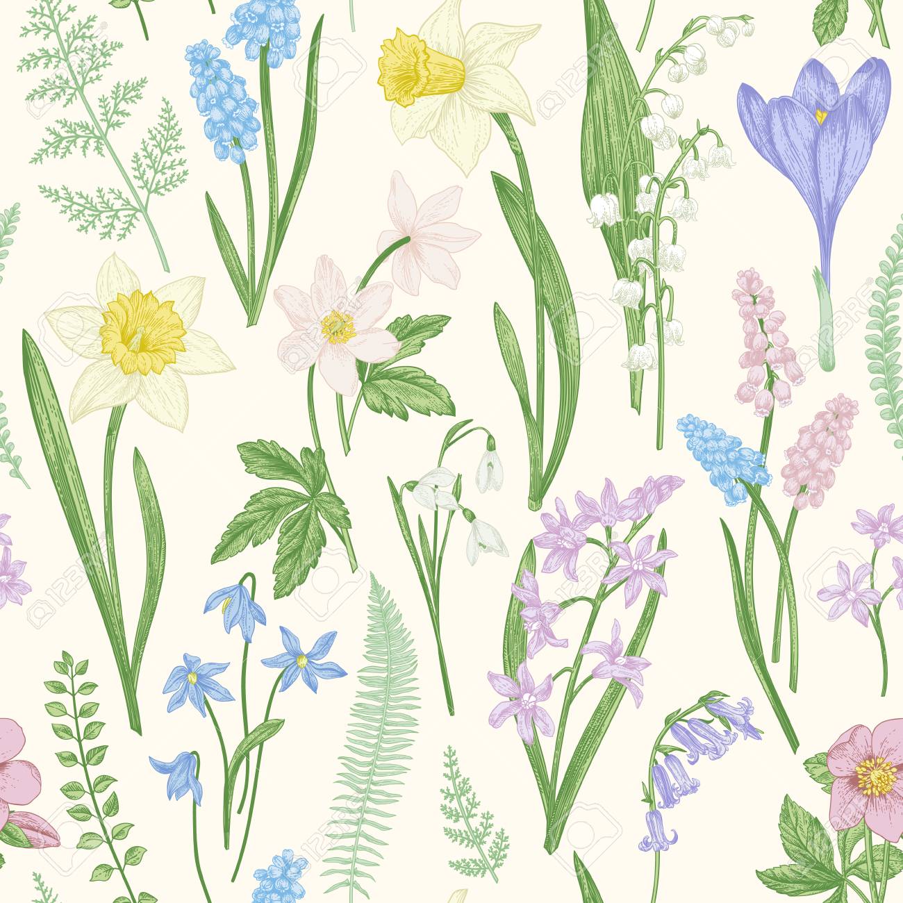 ビンテージのシームレス花柄 春の花と草 植物のベクトル図です スイセン スズラン ヘレボルス スノー ドロップ クロッカス 彫刻 パステル カラー のイラスト素材 ベクタ Image ビンテージのシームレス花柄 春の花と草 植物のベクトル図です スイセン スズラン ヘレボルス スノー ドロップ クロッカス 彫刻 パステル カラー のイラスト素材 ベクタ Image