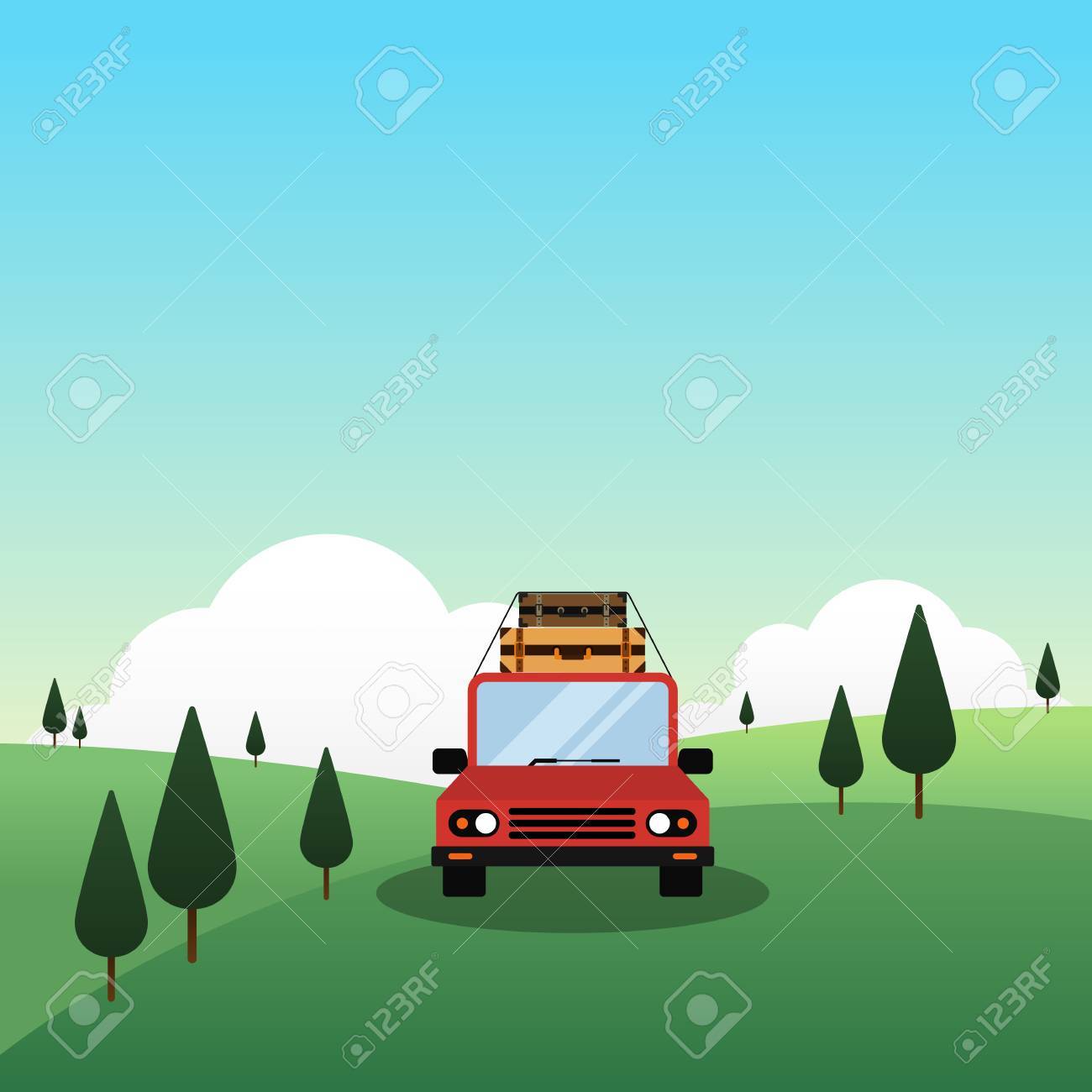 山の風景 旅行コンセプト フラット デザイン ベクトル イラストを通じてトップ ドライブに荷物車 のイラスト素材 ベクタ Image