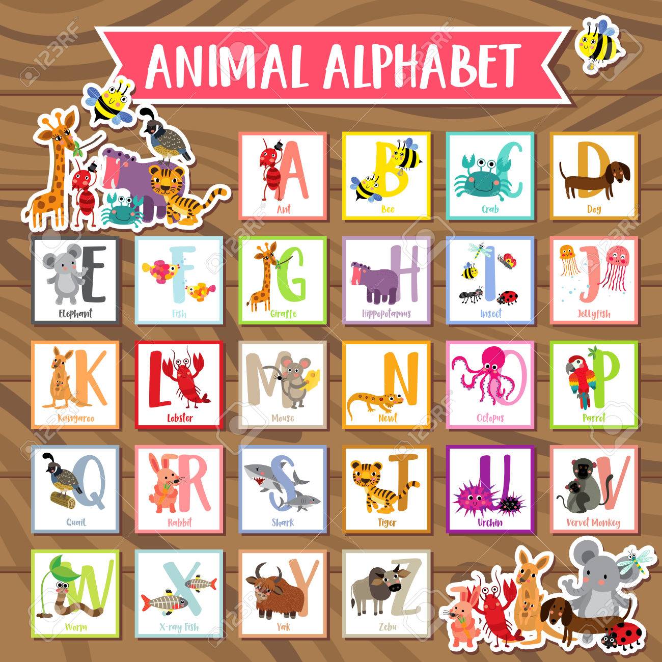 かわいいカラフルな子供動物園アルファベット フラッシュ カード ウッドの背景をします 面白い漫画の動物 Abc 教育を子供たちには 英語の語彙を学習します イラスト のイラスト素材 ベクタ Image