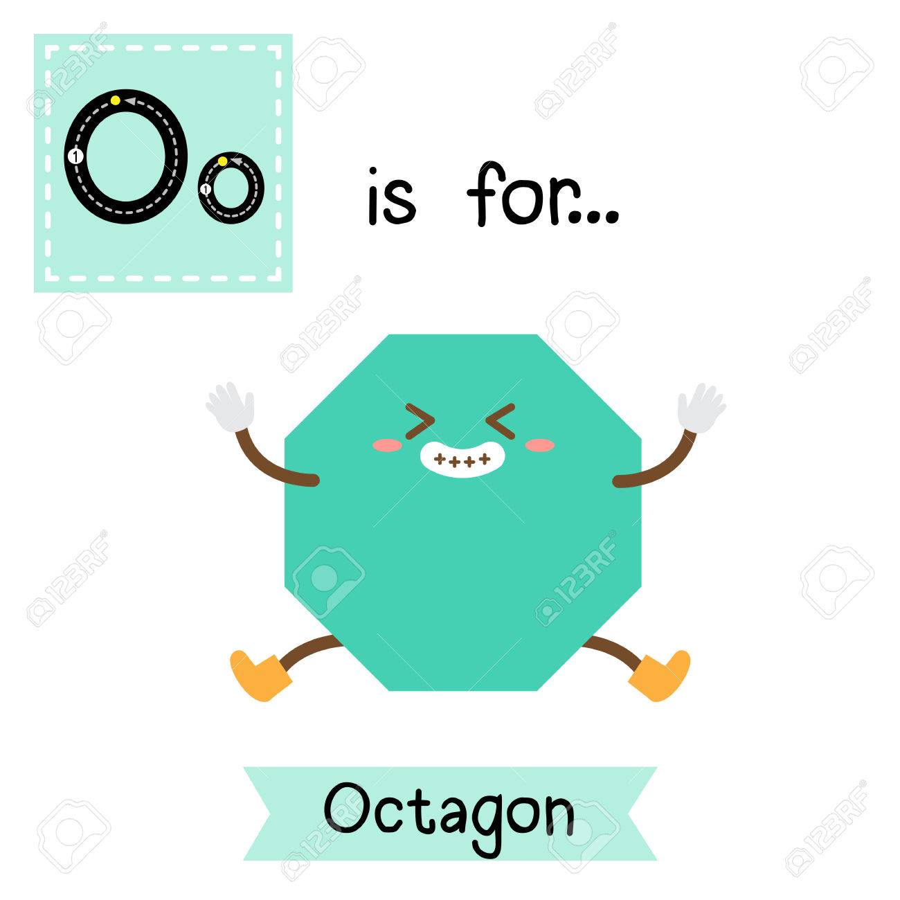 文字 O かわいい子供たちカラフルな幾何学的図形アルファベット トレース フラッシュ カード オクタゴンの英語語彙学習の子供のため のイラスト素材 ベクタ Image