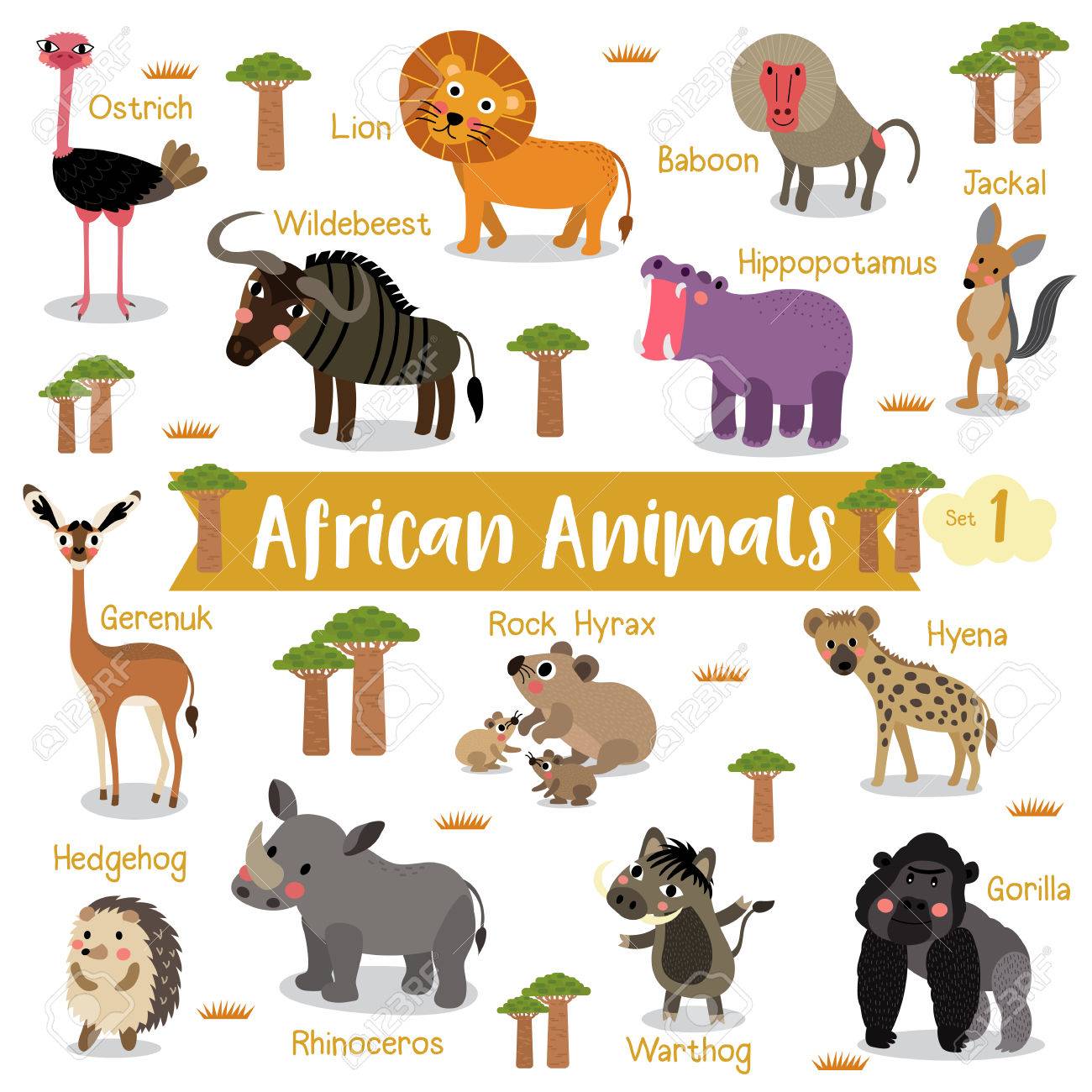 African Animals Cartoon On White Background With Animal Name, Vector  Illustration. Set 1. Royalty Free SVG, Cliparts, Vectors, And Stock  Illustration. Image 74643664.