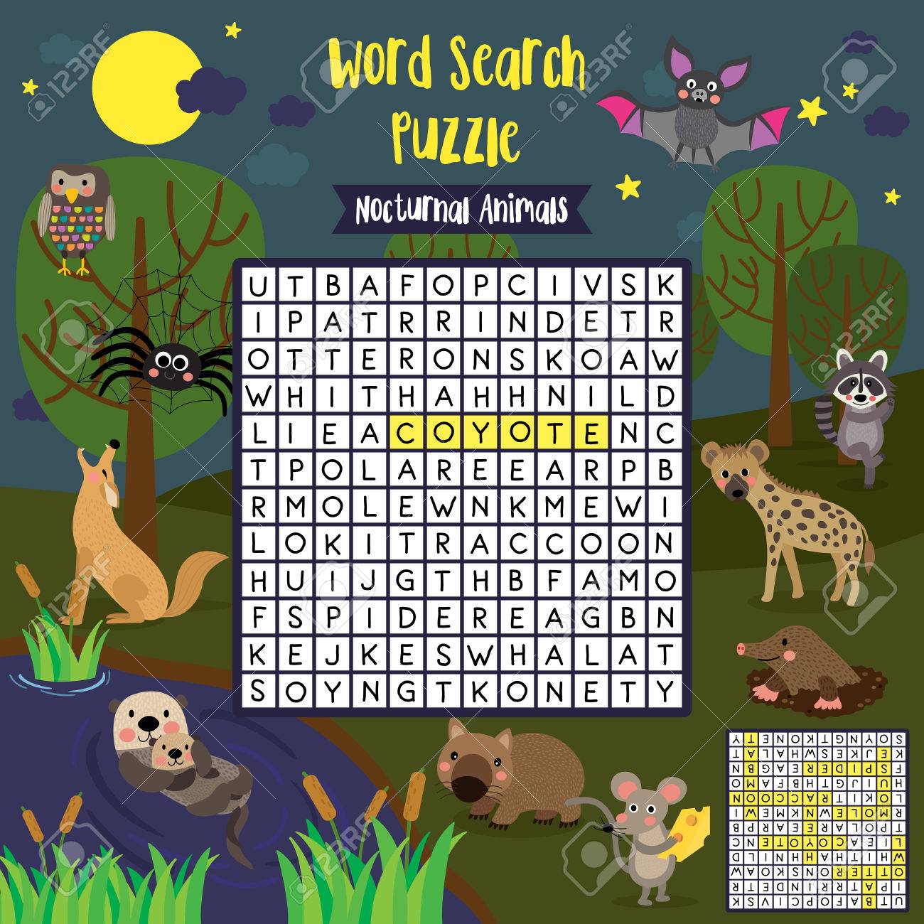 words-search-puzzle-game-of-nocturnal-animals-for-preschool-kids-activity-worksheet-layout-in-a4-colorful-printable-version-vector-illustration-royalty-free-svg-cliparts-vectors-and-stock-illustration-image-76056183