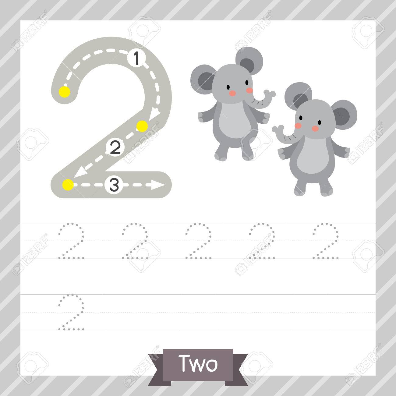 Number Two Tracing Practice Worksheet With 22 Elephants For Kids