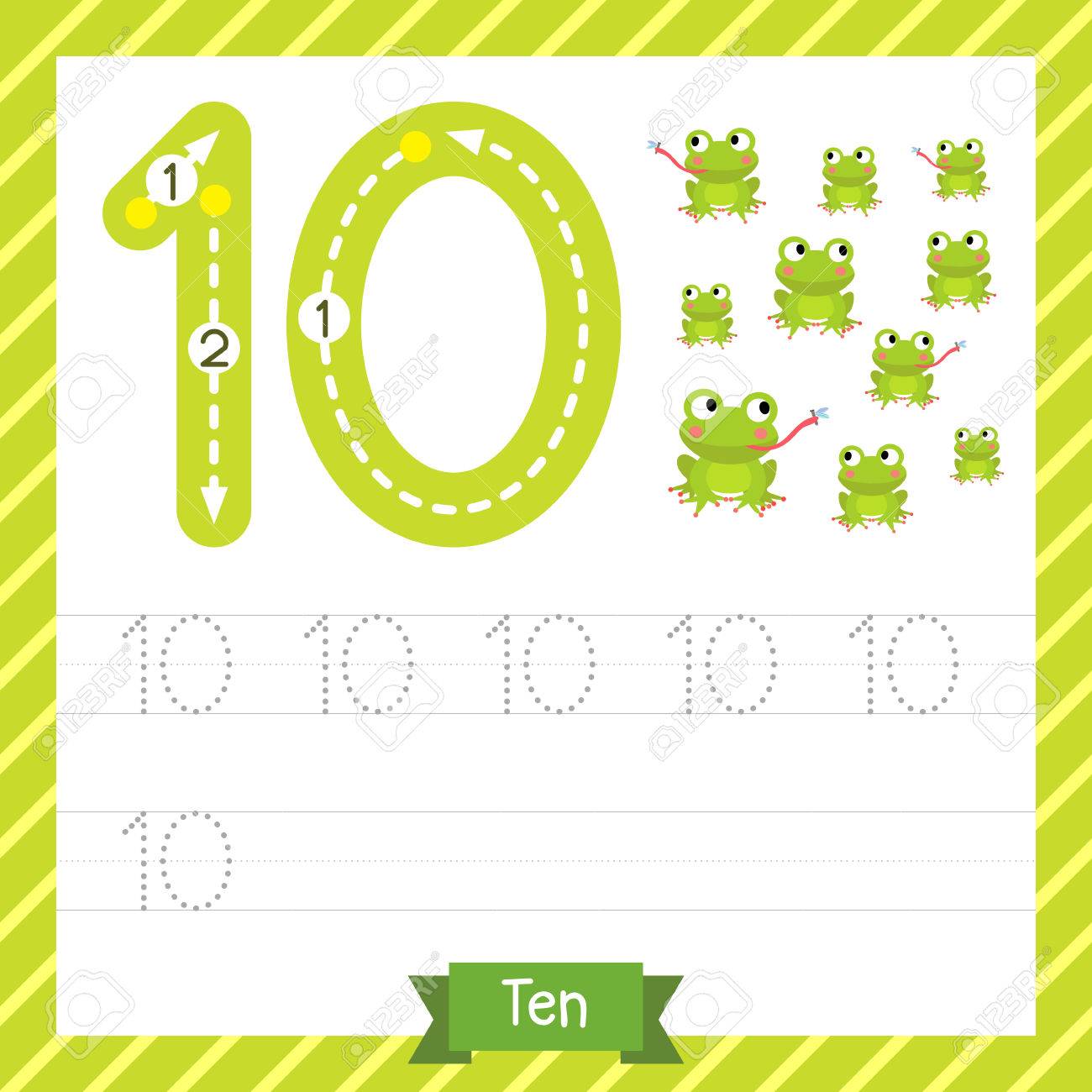 Number Ten Tracing Practice Worksheet With 10 Frogs For Kids - 