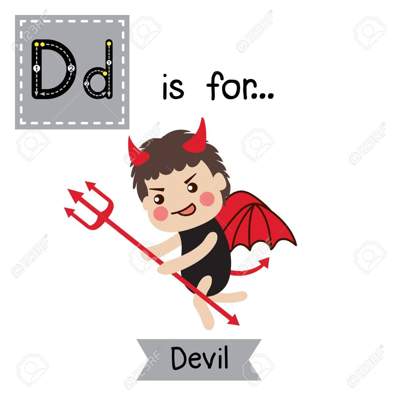 Cute Children Abc Alphabet D Letter Tracing Flashcard Of Devil - 