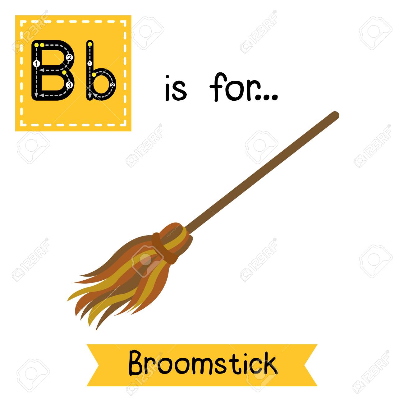 かわいい子供たち Abc アルファベット B の手紙トレース フラッシュ カードほうきの幸せなハロウィーンの日のテーマで英語の語彙を学ぶ子供のため のイラスト素材 ベクタ Image