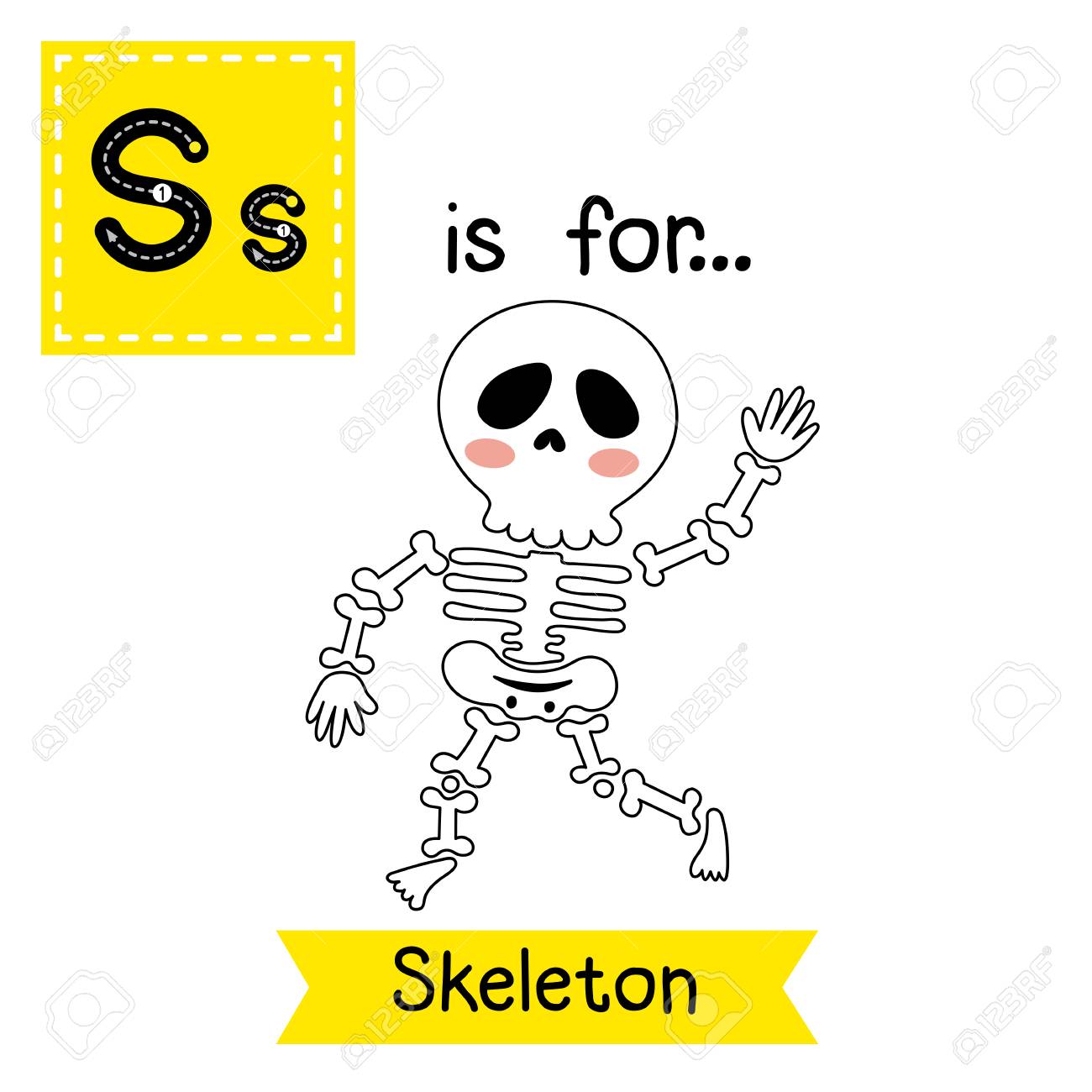 かわいい子供たち Abc アルファベット S 手紙トレース フラッシュ カード ハッピー ハロウィーンの日のテーマで英語の語彙を学ぶ子供たちの骨格を歩く のイラスト素材 ベクタ Image 0857