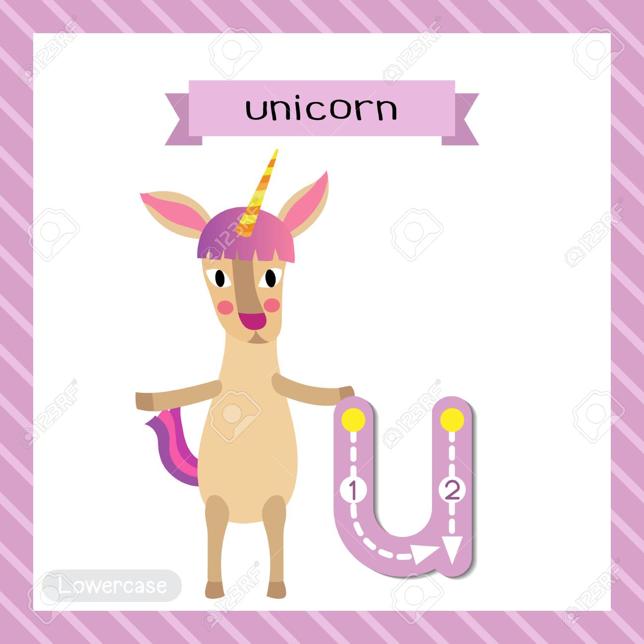 U 文字小文字かわいい子供たちカラフルな動物園と動物 Abc アルファベット フラッシュ カードのトレースが子供たちの学習の英語の語彙と手書きの 2 本足でユニコーンの立っているベクトル イラスト のイラスト素材 ベクタ Image